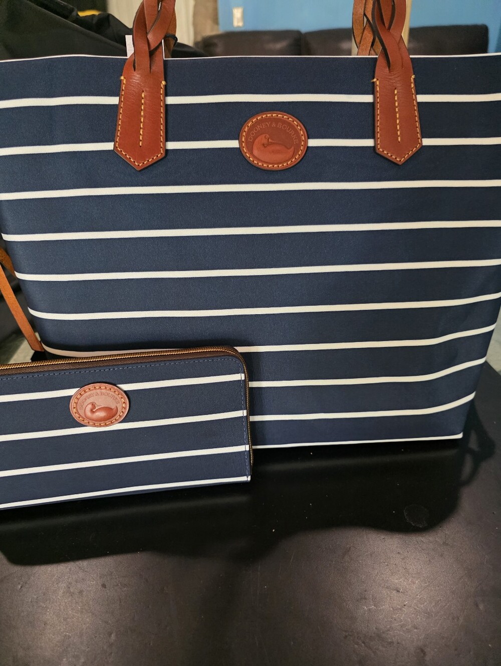 New Dooney & Bourke Navy and White Striped Tote Set